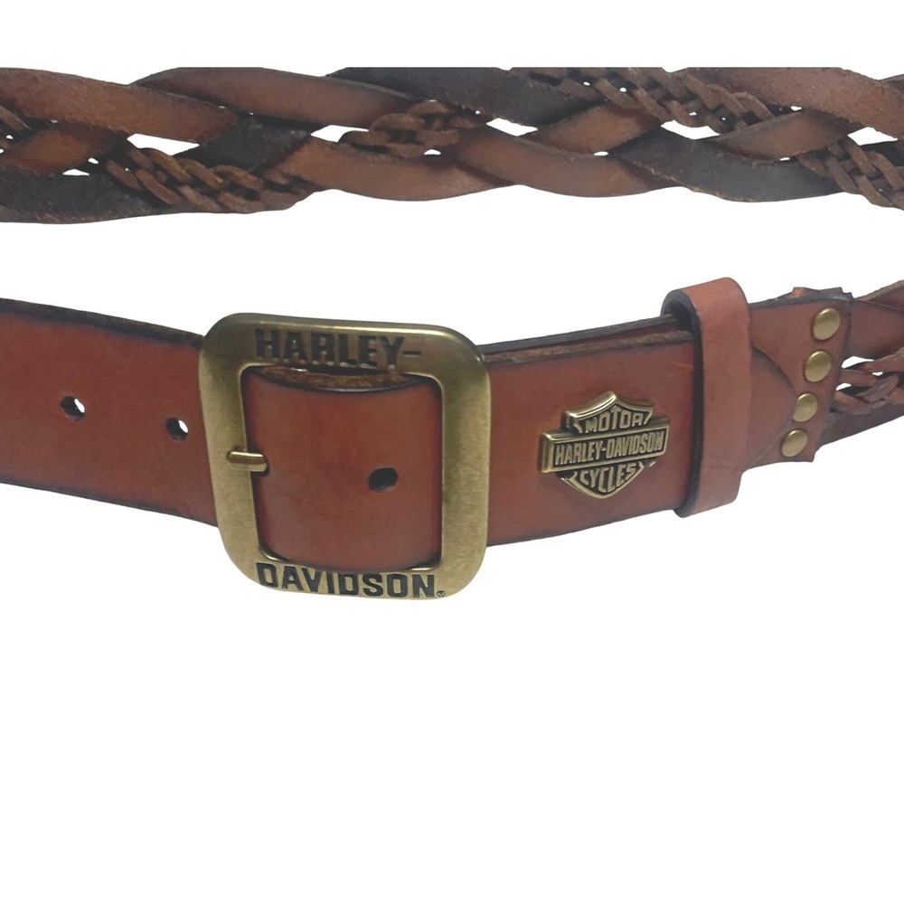 Vintage 2009 Harley-Davidson Brown Leather Studded Braided Woven Belt Women's M
